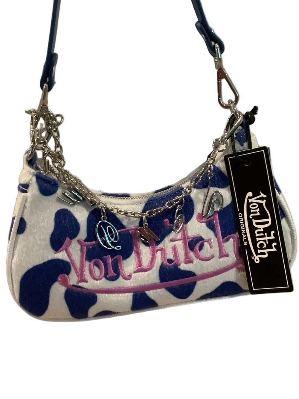 Von Dutch Blue Cow Print Fuzzy Shoulder Bag New